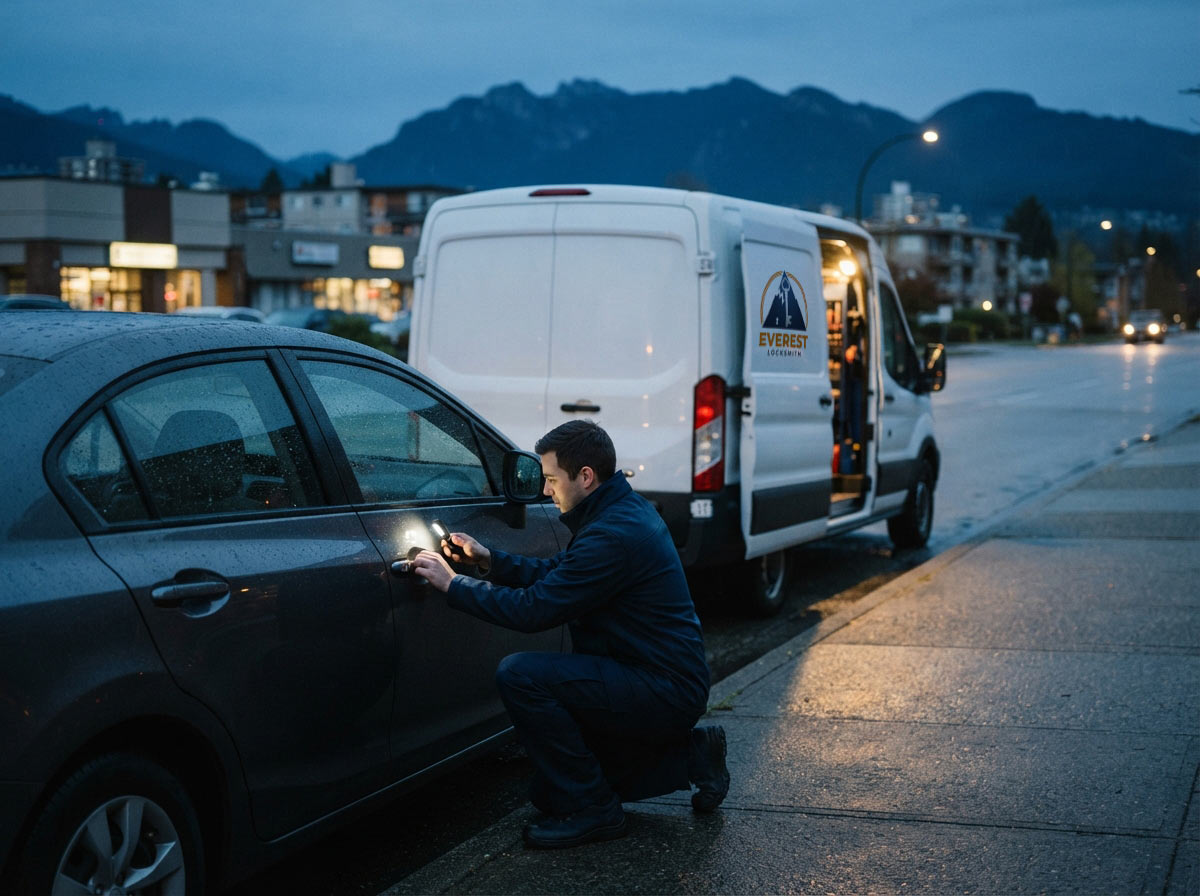 Everest Locksmith technician programming a car key in a Metro Vancouver parking area at dusk