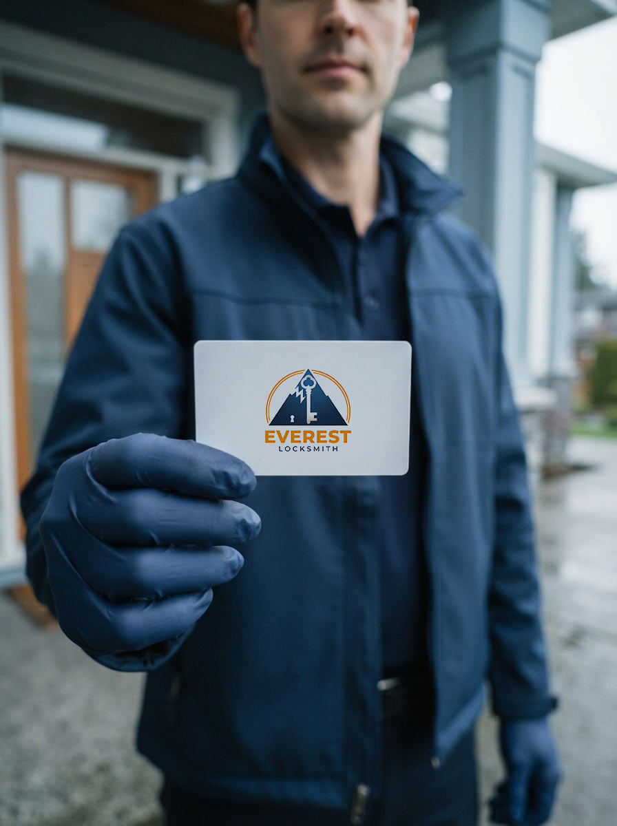 Everest Locksmith technician presenting a BC security worker licence card to a Vancouver customer