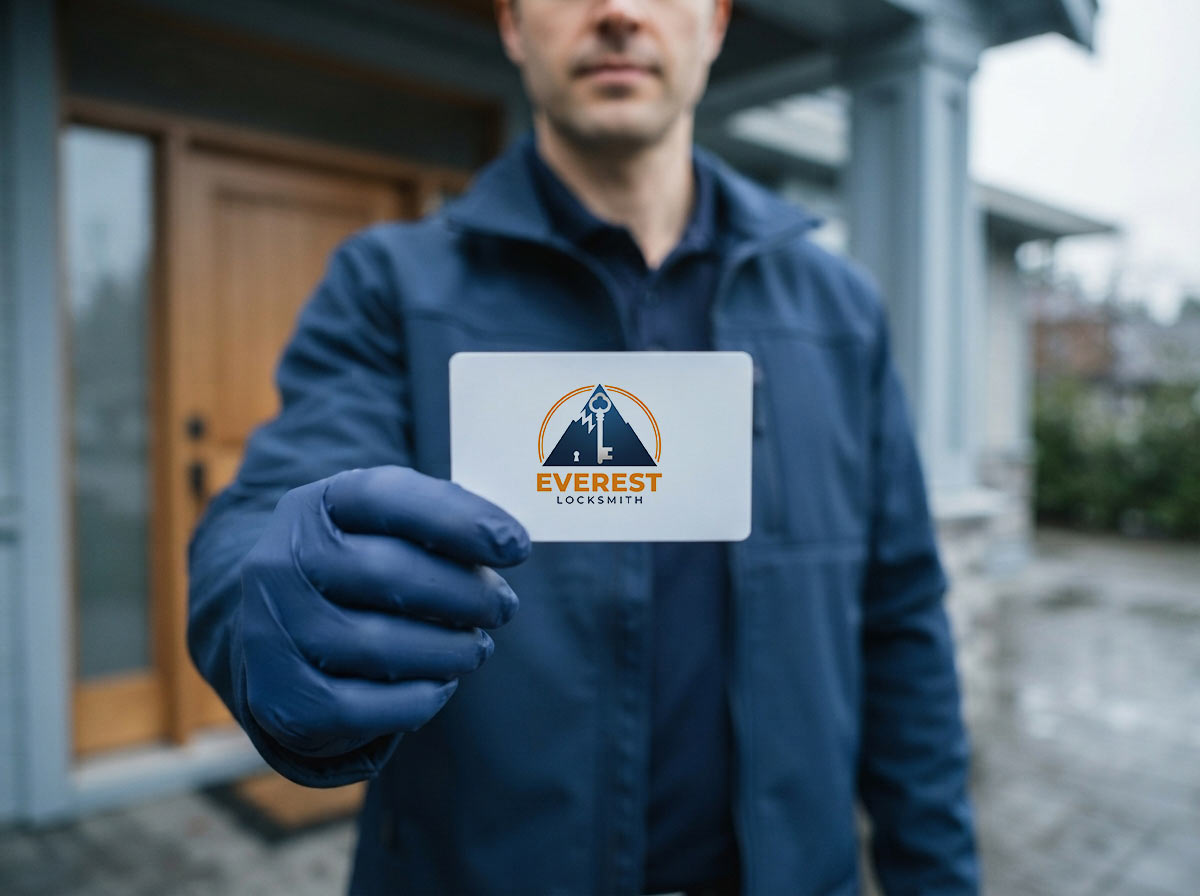 Everest Locksmith technician showing a BC security worker licence card at a Vancouver home