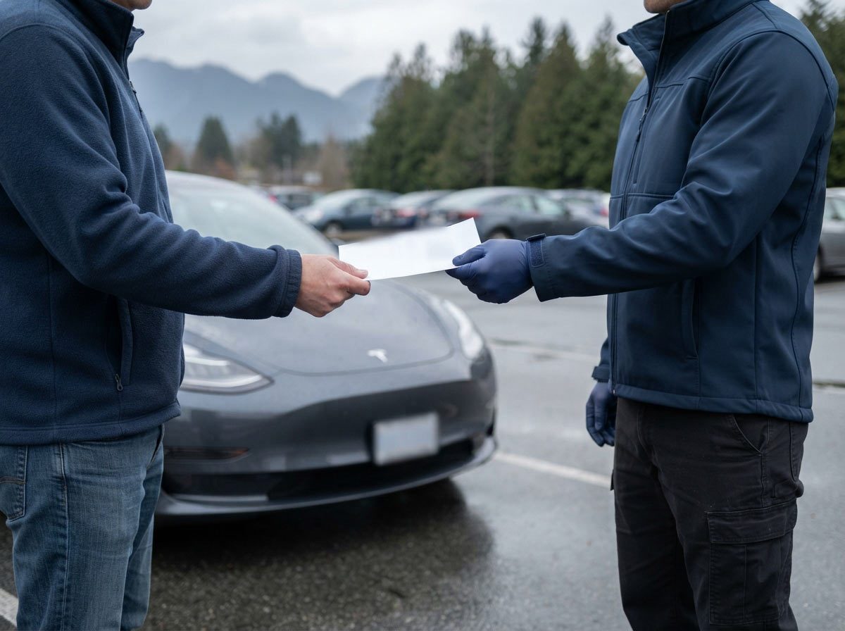 Driver handing vehicle registration to an Everest Locksmith technician in Metro Vancouver