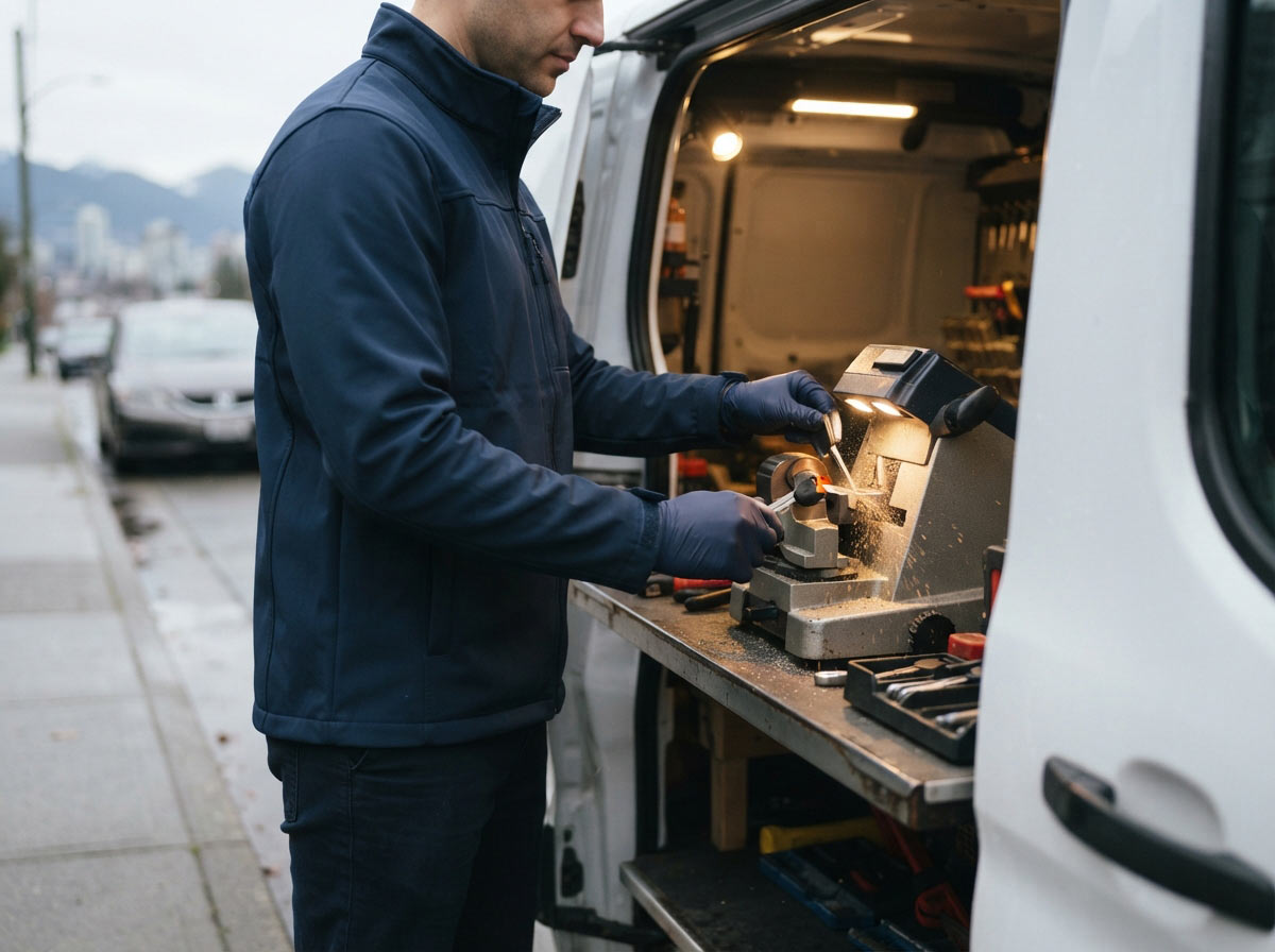 Everest Locksmith cutting and programming a car key at a vehicle in Vancouver