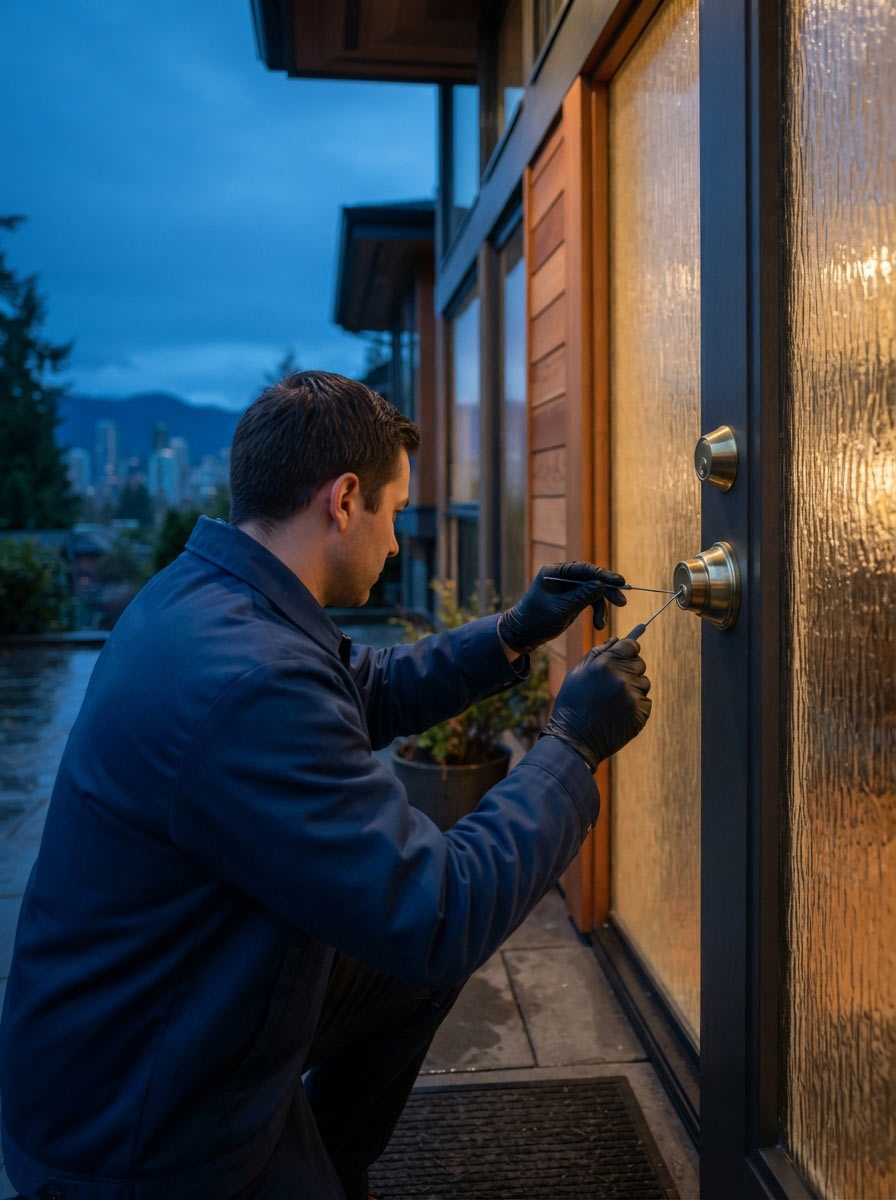 BC-licensed Everest Locksmith technician picking a residential deadbolt at dusk in Vancouver