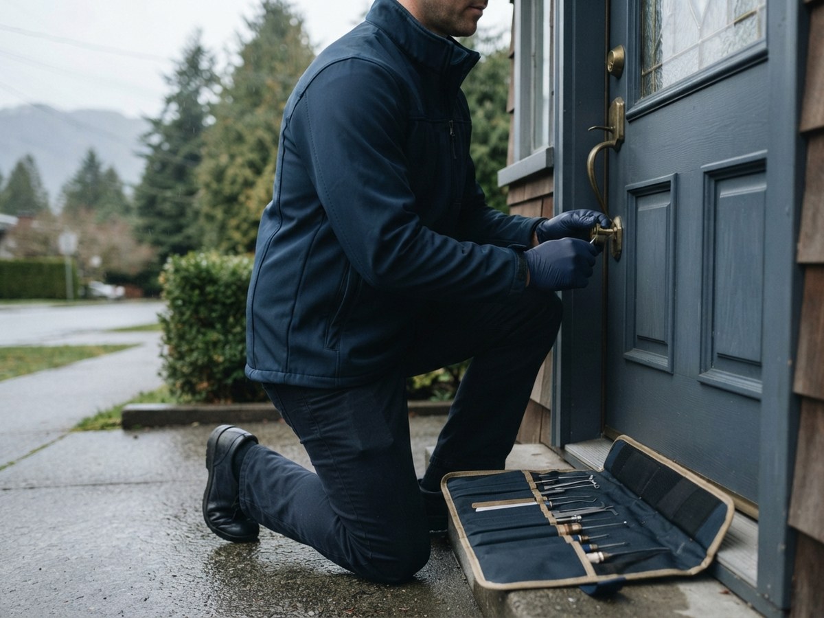 BC-licensed Everest Locksmith technician working at a the North Shore property