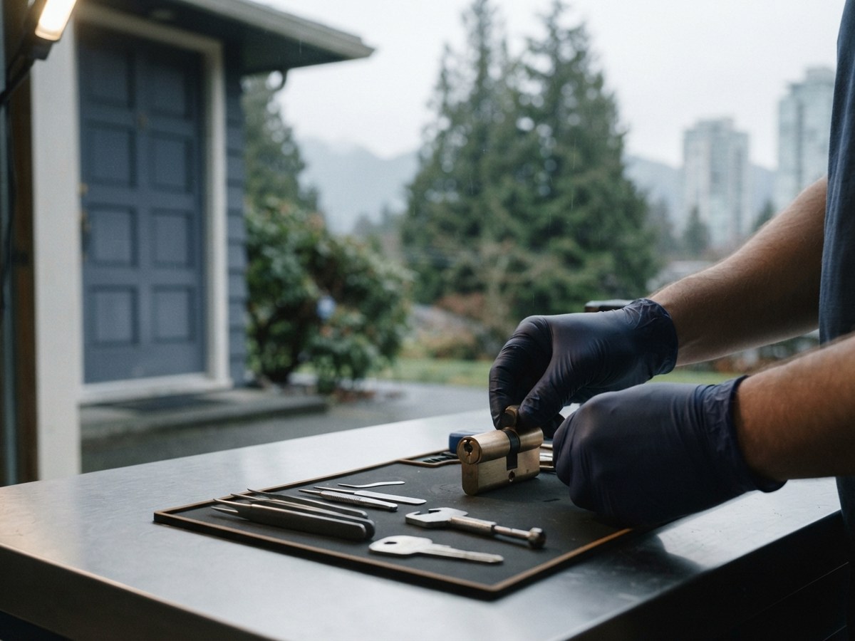 Locksmith working on a residential door cylinder in Burnaby