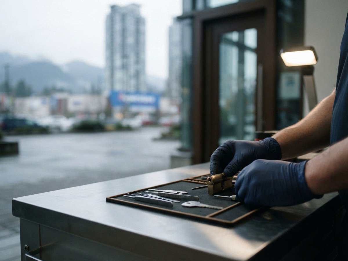 Locksmith working on a residential door cylinder in Coquitlam and the Tri-Cities