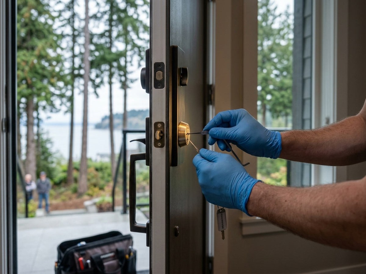 Locksmith working on a residential door cylinder in Langley and White Rock