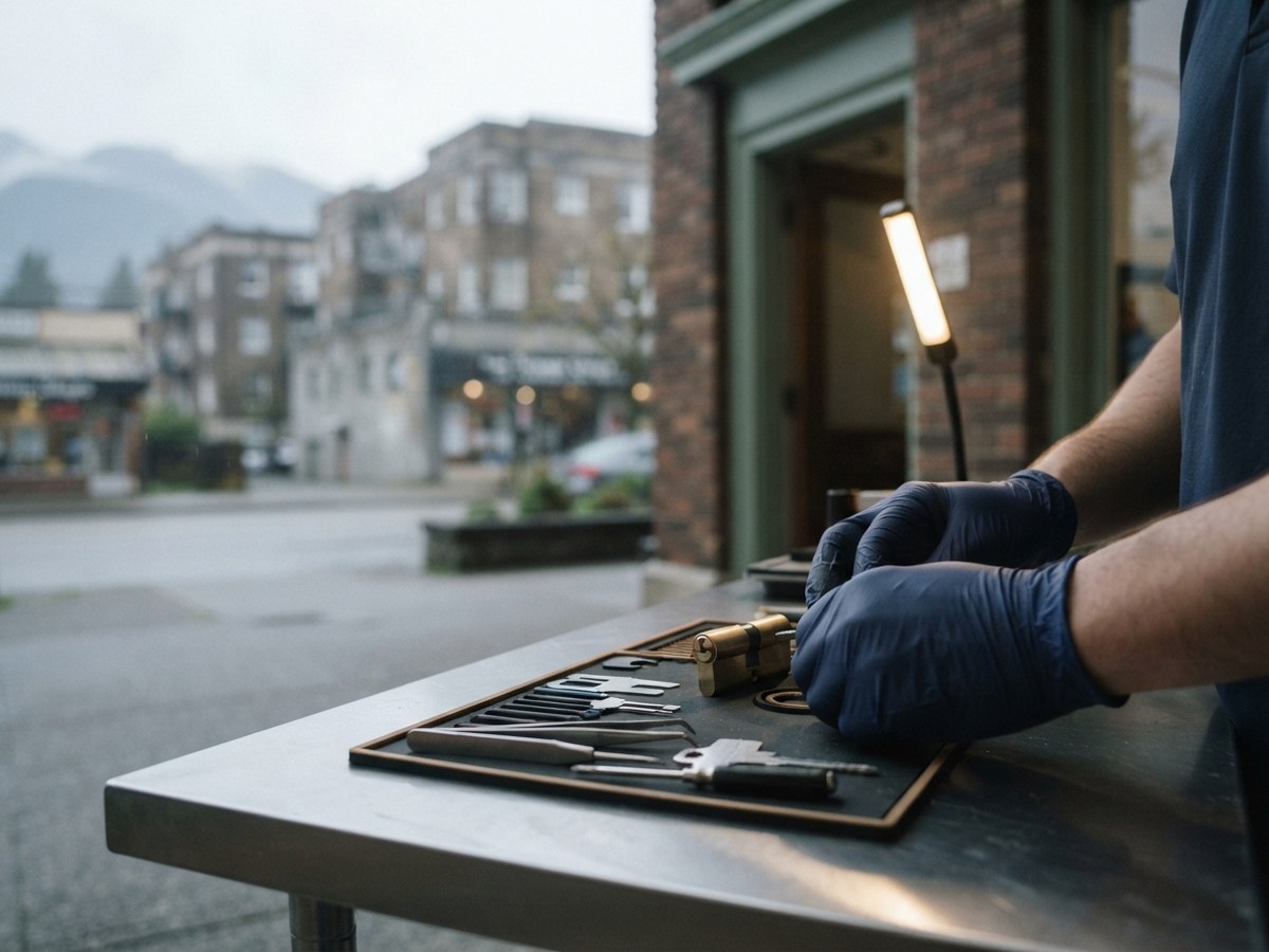 Locksmith working on a residential door cylinder in New Westminster
