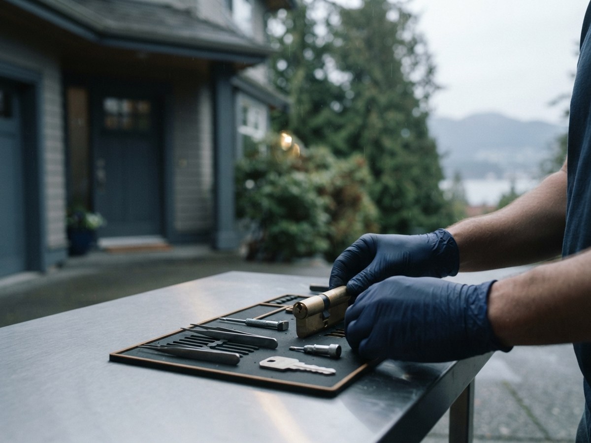 Locksmith working on a residential door cylinder in the North Shore