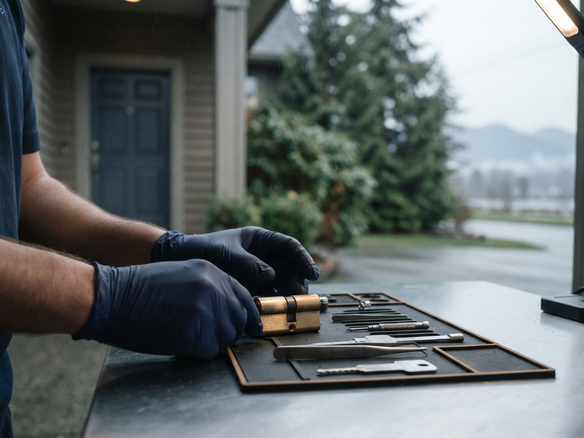 Locksmith working on a residential door cylinder in Richmond