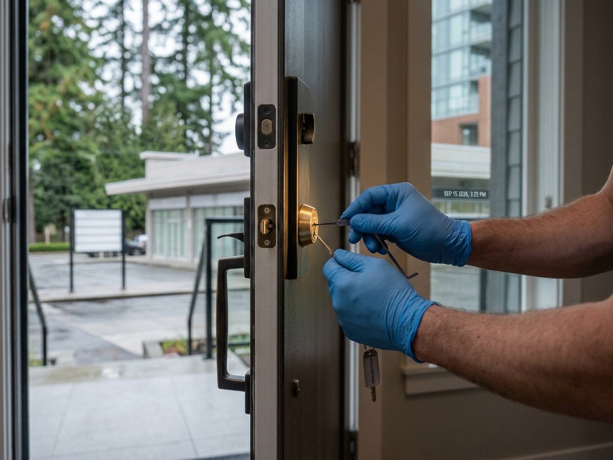 Locksmith working on a residential door cylinder in Surrey and Delta