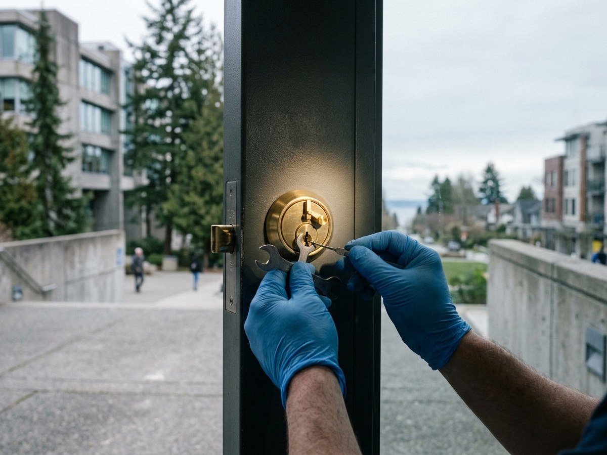 Locksmith working on a residential door cylinder in UBC and the University Endowment Lands