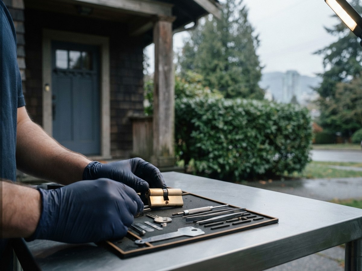 Locksmith working on a residential door cylinder in Vancouver