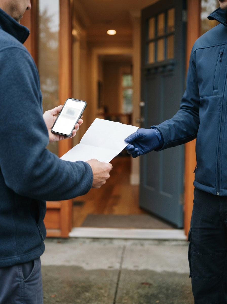 Customer showing photo identification and a utility bill to an Everest Locksmith technician in Vancouver