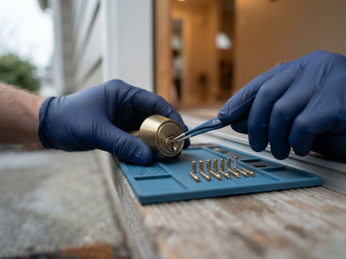 Residential locksmith rekeying a front door cylinder at a Vancouver house