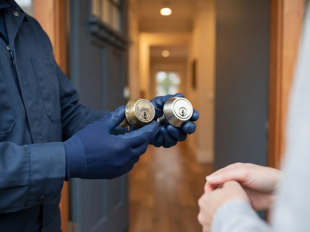 Locksmith re-pinning a door cylinder with new key pins at a Burnaby home