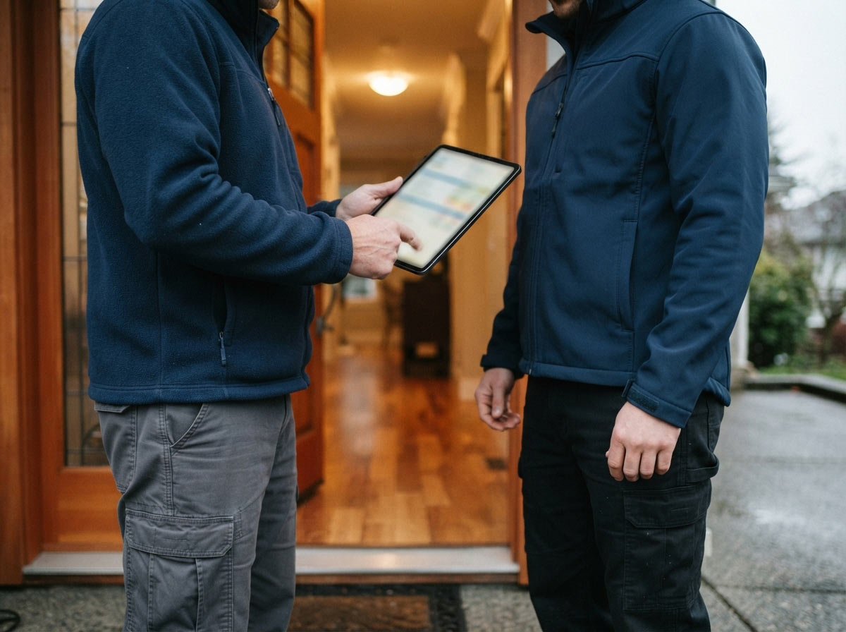 Homeowner and Everest Locksmith technician reviewing a rekey quote at a Vancouver front door