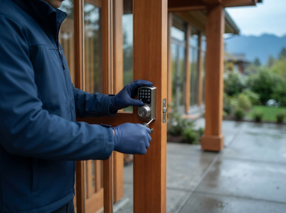 Everest Locksmith technician fitting a deadbolt at a Vancouver front door