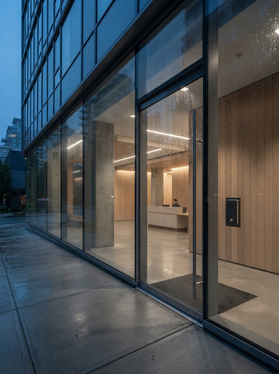 Downtown Vancouver condominium lobby entrance where Everest Locksmith attends strata lockout calls