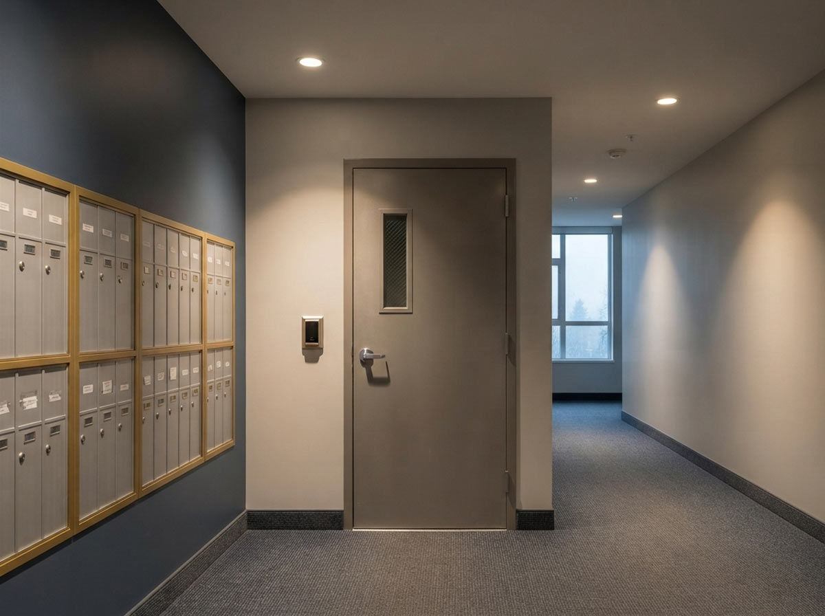 Mailroom and common-area door hardware in a Burnaby strata building